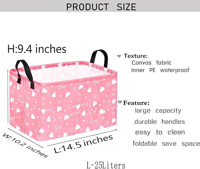 KUNRO Rectang Heart Pattern Valentine's Storage Basket Gift Shelf Basket Storage Bin, Nursery Basket Organizer Box for With Handles for Room Deco