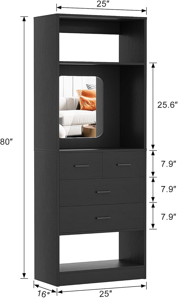Unikito 25 Inch Closet System with 4 Drawers, 2FT Wood Closets Organizer with Storage Shelves and Mirror Design, Freestanding Sturdy Walk in Closet Tower for Bedroom, 25" W x 16" D x 80" H, Black