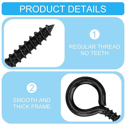Aovchei Eye Screws, 120Pcs 0.67 Inch, Black 304 Stainless Steel Screw Hooks, Rust-Resistant Self Tapping Eyelet Bolts for Wood, Securing Cables Wires, Indoor & Outdoor for Hanging Artwork