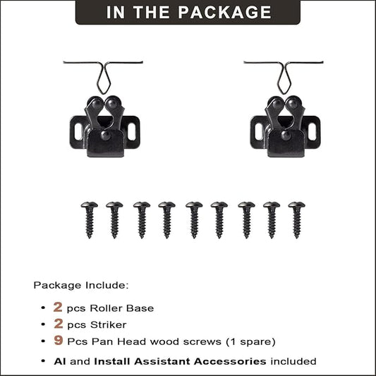 2 PCS Cabinet Latch Double Roller Catch Hardware for Cupboard Closet Cabinet Door Latches and Catches, Black Nickel