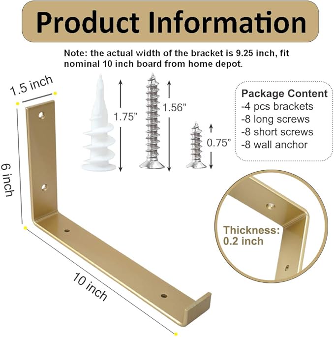 Shelf Brackets 10 Inch 4PCS Heavy Duty Gold Wall Bracket with Lip for Floating Shelves Rustic Iron Metal Shelf Bracket for DIY Open Shelving Hardware Included