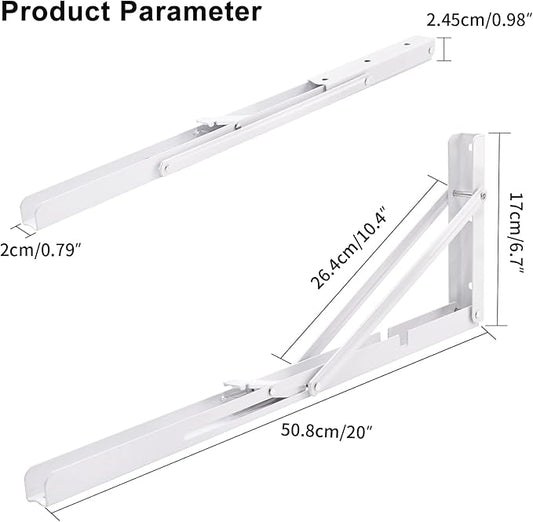 YUMORE White Folding Shelf Brackets, 20 Inch Heavy Duty L Bracket, DIY Collapsible Shelf Bracket for Workbench Folding Table Hinge, Max Load: 330lb, 2 Pack