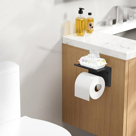 Toilet Paper Holder with Shelf, Adhesive or Screw Wall Mount Toilet Paper Roll Holder for Bathroom, Rustproof 304 Toilet Roll Tissue Holder Dispenser with Phone Shelf (1, Matte Black & Brushed Nickel)