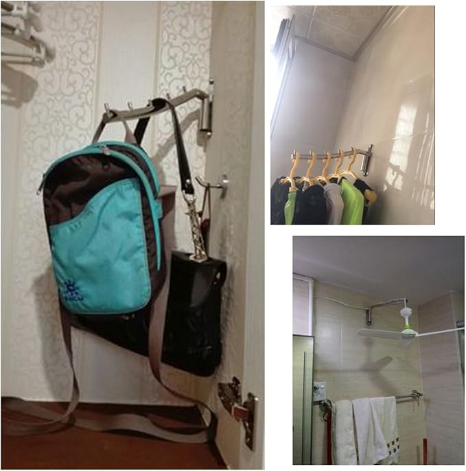 Sumnacon Wall Mounted Clothes Hanger Rack, Stainless Steel Garment Hooks with Swing Arm Holder, Space Saver Coat Robe Storage Organizer for Laundry Room Bedrooms, Clothing Drying Rack with 5 Hooks