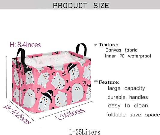 KUNRO Pink Ghost Pattern Storage Basket Gift Shelf Basket Storage Bin, Nursery Basket Organizer Box for With Handles for Room Deco
