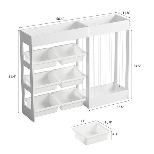 50.6" W Toy Storage, 3-in-1 Large Kids Toy Organizers and Storage with Stuffed Animal Zoo, 6 Removable Plastic Bins, Wooden Toddler Cabinet for Girls Boys Playroom, Nursery, Home Decor(White)