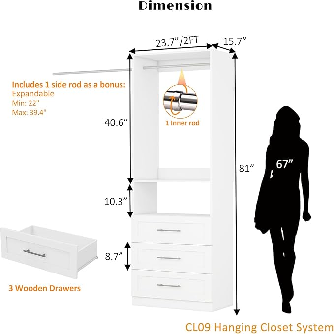 Closet System with Drawers, 2FT Wood Closet Organizer System 23.7" Walk-in Closet Corner Freestanding Small Closets Storage System with Hanging Rods, White (2FT)
