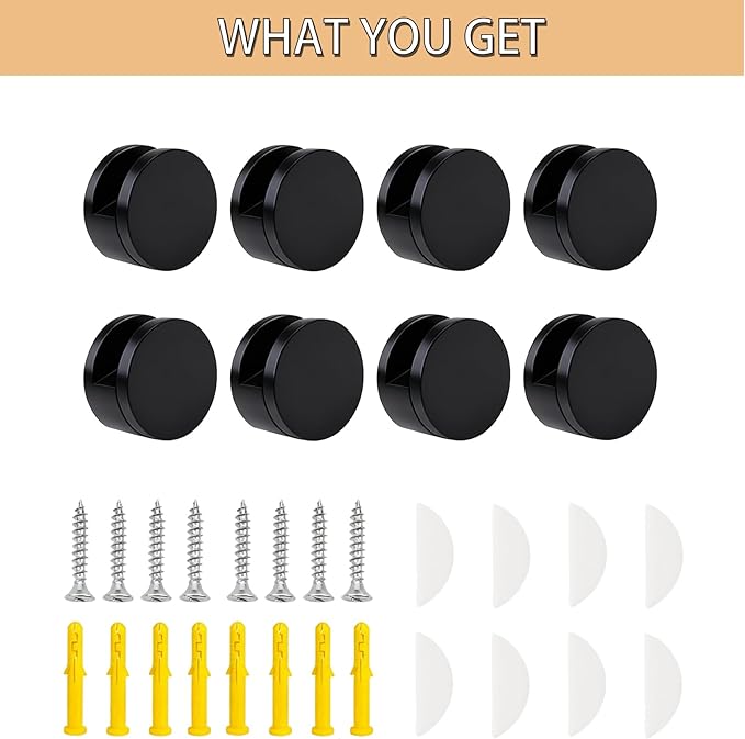 Aluminum Mirror Mounting Clips, Round Shape Wall-Mounted Mirrors Bracket, Glass Clips Clamps Holder, Dresser Mirror Fixed Fitting for 5-11mm Thick Mirror 8 Pieces (Black)