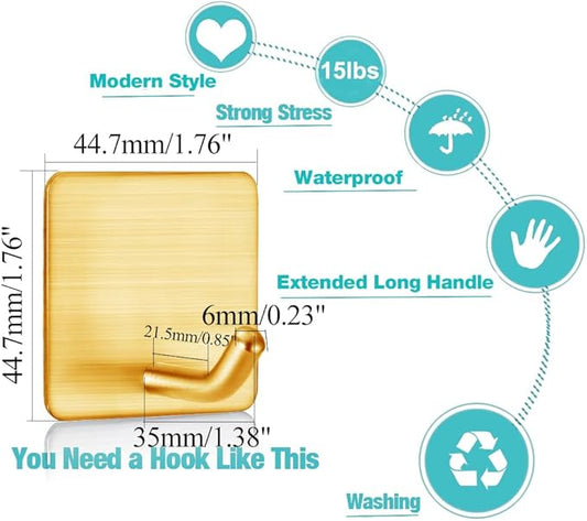 FOTYRIG Golden Stainless Steel Square Self Adhesive Hooks - Extra-Long Anti-Slip with Upgraded Adhesive, Holds 15lb Heavy Duty Wall Hooks for Kitchen, Bathroom, Garage -4 Packs