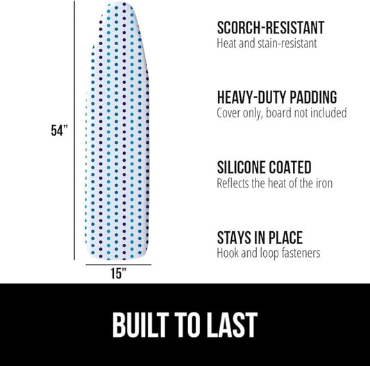 GORILLA GRIP The Original Ironing Board Cover and Pad, Silicone Coating, Thick Scorch Resistant Padding, Heavy Duty Iron Covers Standard Boards, Hook and Loop Fastener Strap, Blue Dots, 15x54