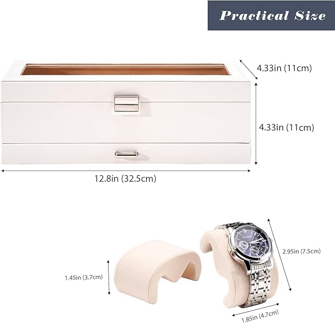 ProCase Watch Box, 6 Slot Watches Display Case with Drawer, Mens Watch Case with Glass Lid, 2-Layer Mens Jewelry Organizer Storage Holder, Birthday Valentine Gifts for Men -6 Slot, White