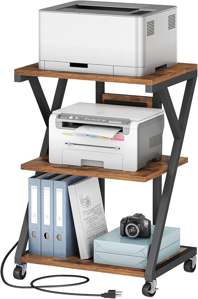 HOOBRO 3-Tier Printer Stand, Mobile Printer Table, Rolling Cart with Charging Station, Home Printer Stand, for Living Room, Kitchen, Office, Rustic Brown and Black BF33UPS01