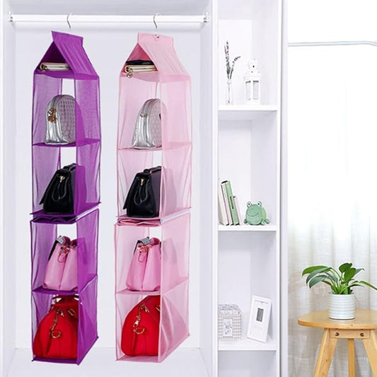 Detachable 4 Compartment Organizer Pouch Hanging Handbag Organizer Clear Purse Bag Collection Storage Holder Wardrobe Closet Space Saving Organizers System for Living Room Home Use (Pink)