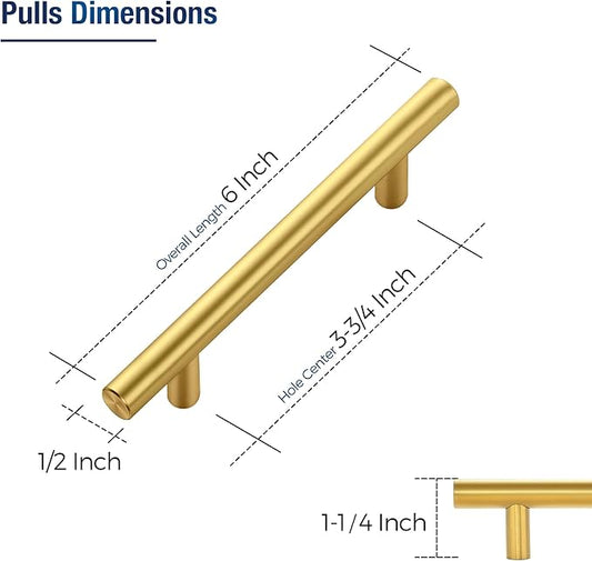 JOY DECOR 10 Pack Cabinet Handles, Gold Cabinet Pulls, 3-3/4 in Hole Center Kitchen Cabinet Handles, Stainless Steel T Bar Handles for Dresser Drawers