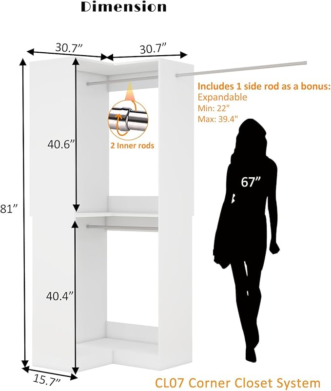 Corner Closet System with 3 Hanging Rods, Freestanding Closet Organizer Storage System L Shaped Walk in Closet Corner Modular Wardrobe, White