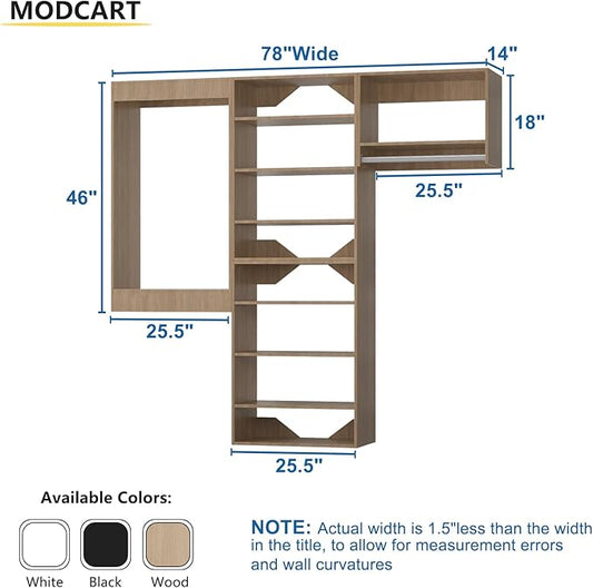Modular Closet System, 78" Wide Organizer With Towers and Hanging, Wood Tower Storage for Walk In Closets, Wall Mounted Wardrobe Kit, Bedroom