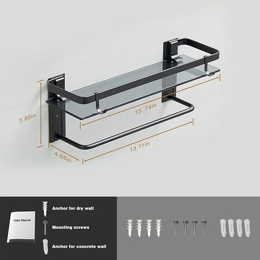 VOLPONE Glass Shelf for Bathroom 15.7 in Black Bathroom Shelves Wall Mounted Tempered Glass Shelving with 2 Removable Hooks (1 Tier)