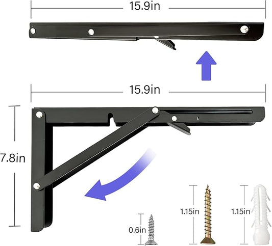 Folding Shelf Brackets,Wall Mounted Shelf Brackets,Heavy Duty Shelf Bracket,Black Metal Shelf Brackets for Bendable Table,Space Saving (16 Inch 6 Pcs)