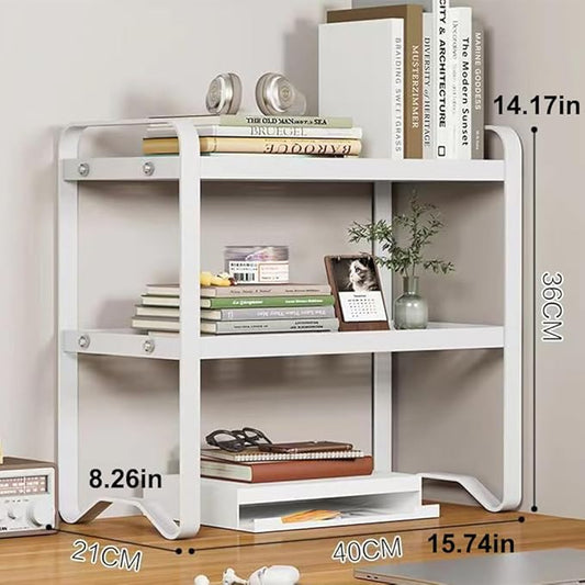 Hbluefat Metal Desktop Shelf Organizer, Small Desk Bookshelf for Home Office, Table Top Storage Shelf, Multipurpose Metal Desk Organizer for Books, Office Supplies, Home Decor (White, 2 Tier)