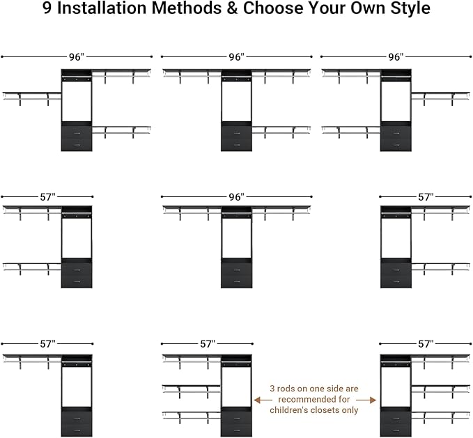 Cyclysio 8 FT Hanging Closet Organizer System, 96 Inch Closet System with Drawers, Walk in Closet System with 4 Adjustable Rods and 3 Shelving Towers for 4-8FT Spaces(Cut-to-Fit), Black