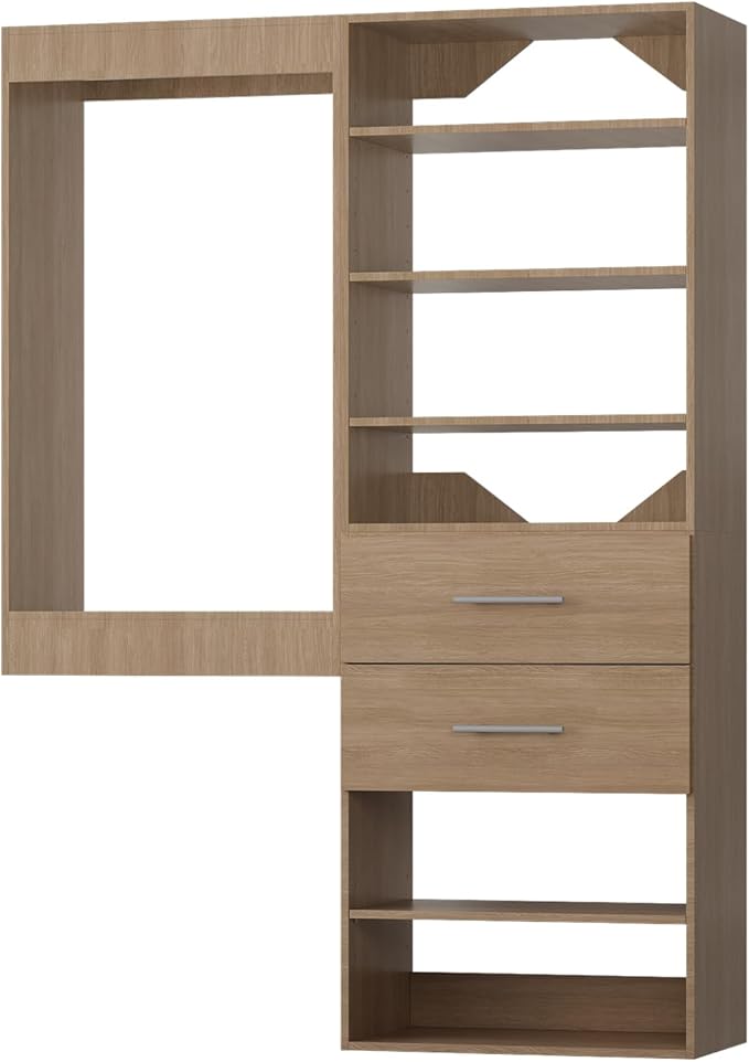 ROOMTEC Modular Closet System, 55" Wall Mounted Closet Organizer with Hanging Rods and Drawers, Wooden Tower for Walk-In Closets, Wardrobe Storage Kit, Wood