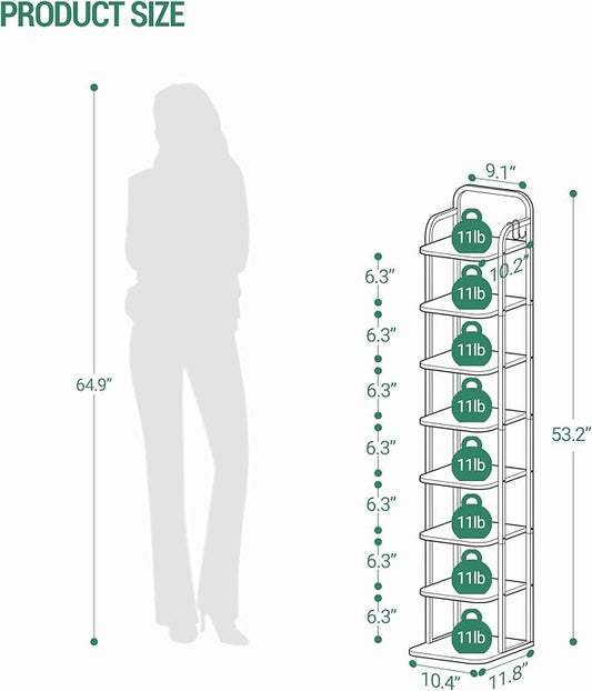 8 Tiers Vertical Shoe Rack, Narrow Shoe Tower, Tall Shoes Shelf with 2 Hooks, Adjustable Shelves, Corner Shoes Shelves for Small Spaces, Entryway, Living Room, Greige SR04305B