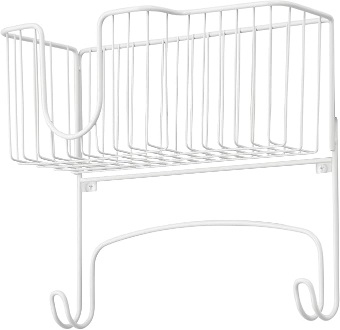 mDesign Wall Mounted Ironing Board Holder - Steel Ironing Board Rack for Easy Organisation - Includes Basket for Iron Storage - White