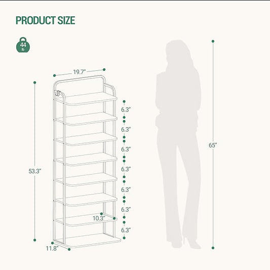8 Tiers Widened Vertical Shoe Rack, Narrow Shoe Tower, Tall Shoes Shelf with 2 Hooks, Adjustable Shelves, Corner Shoes Shelves for Small Spaces, Entryway, Living Room, Rustic Brown SR12501B