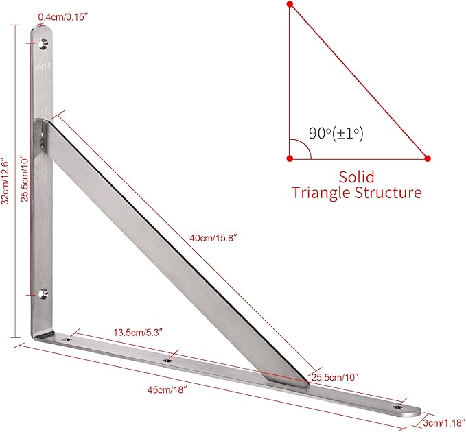 YUMORE 18" Shelf Bracket Stainless Steel, Heavy Duty Solid Shelf Support, Max Load: 550lb, Corner Brace Joint Right Angle Bracket, DIY L Bracket, 2 Pack