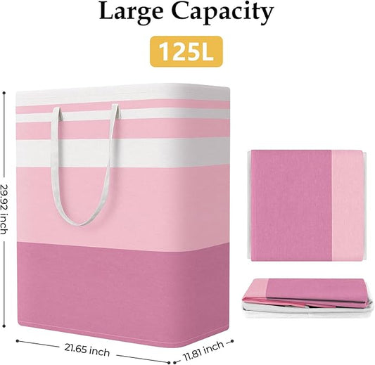 StorageRight Large Collapsible Laundry Basket Hamper with Easy Carry Handles,Freestanding Clothes Hampers for Laundry, Bedroom, Dorm, Towels, Toys, 125L, Pink