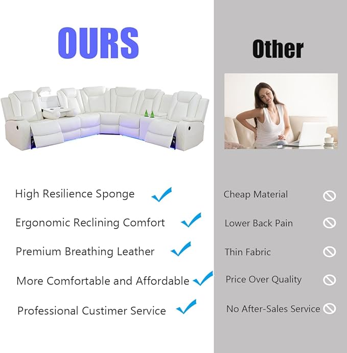 Power Recliner Sectional Sofa with LED for Living Room, Power Sectional Sofa with Chair Vanilla White, Reclining Corner Couch Set with Read Lights, USB Charging, Cup Holders for Home/Office