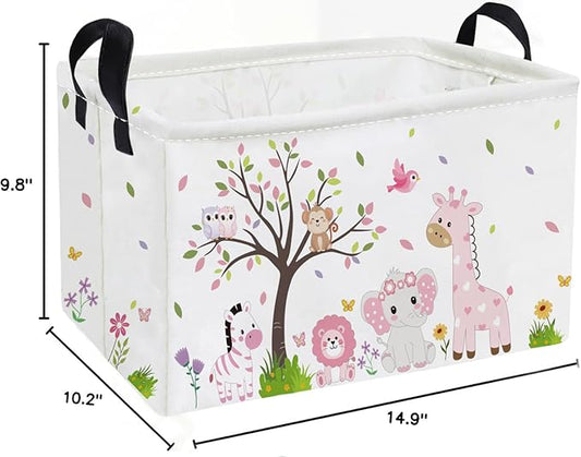 Essme Rectangular Animal Baskets,Pink Storage Basket with Handles for Girls Room Decor,Cute Storage Bin(Pink animal)