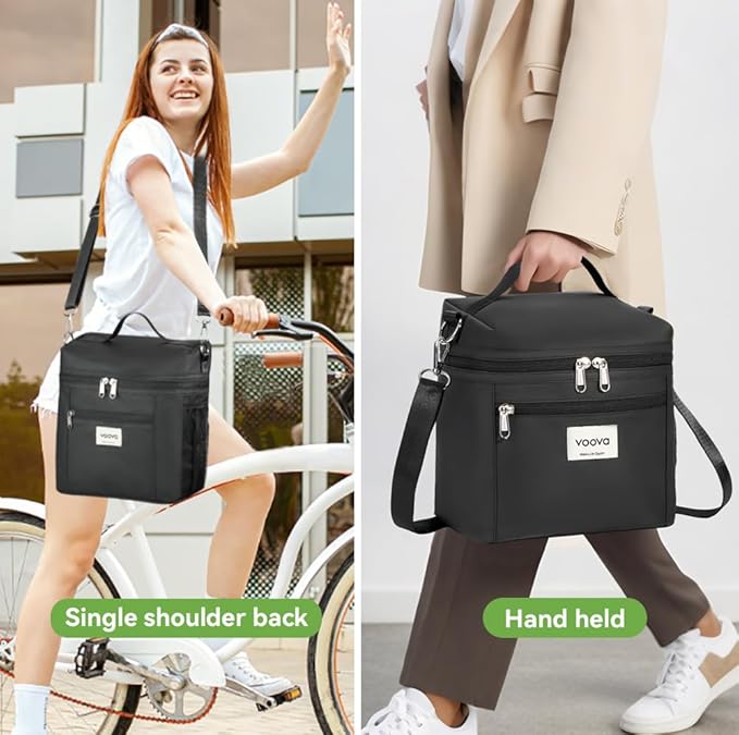 Voova Stackable Stainless Steel Thermal Lunch Box with Lunch Bag for Women Men Adult, 2 Tier Leakproof & Microwave Safe Insulated Bento Boxes Food Container for Work, Black