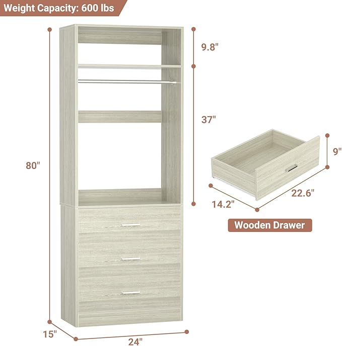 Freestanding 2FT Closet System with 3 Wood Drawers, 24" Closet Organizer System with Hanging Rod & Shelves, Walk-in Closet Systems for Small Closet, White Oak (24"L*15"W*80"H)