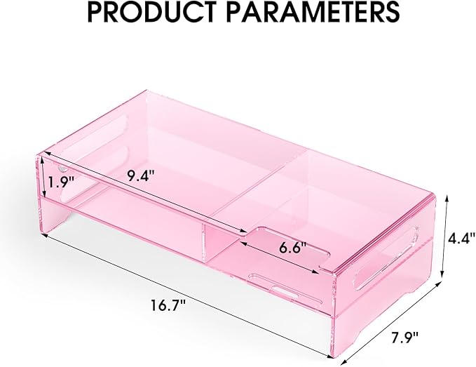 Pink Acrylic Monitor Stand Riser, 2-Tier computer stand with Storage, clear monitor stand for desk Suitable for laptops, printers, TV,desk organization With phone holder