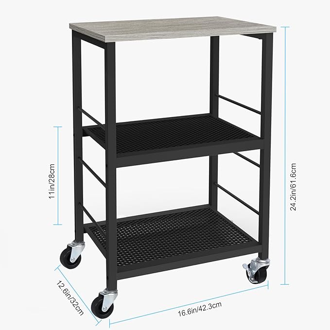 MOOACE Rustic 3 Tier End Table with Wheel,Side Table Nightstand Storage Shelf for Bedroom,Kitchen,Living Room and Office, Stable Metal Frame,Wood Top, Easy Assembly - Gray