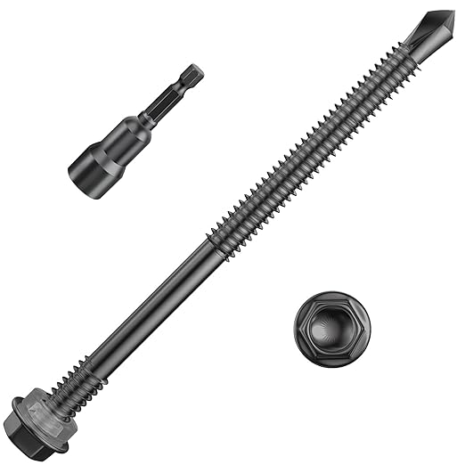 (100Pcs) #12×4" Black Hex Washer Head Self Drilling Screws, 410 Stainless Steel Metal SheetScrews,TEK Screws, Self Tapping Screws,Extensions Extra Long