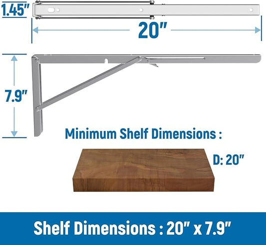 LEOPO 20 inch Folding Shelf Brackets-2 Pack Foldable Heavy Duty Triangle Collapsible Wall Mounted Brackets for Fold Down Table, Space Saving for Bench Table with Screws, Stainless Steel