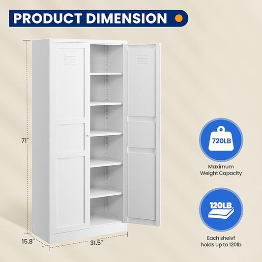 MIIIKO Metal Pantry Cabinet, Utility Storage Cabinets with 2 Doors and 5 Shelves, Versatile Freestanding Tall Cupboard for Kitchen, Bedroom, Laundry Room and Office, 71" H x 15.7" D x 31.5" W