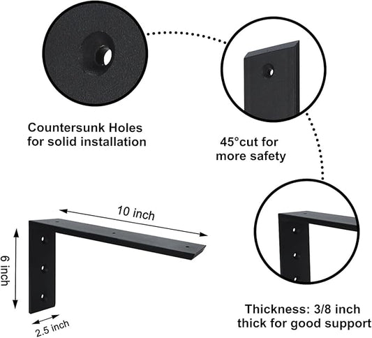 Countertop Support Bracket 6 Pack 10 inch Heavy Duty 3/8" Thick Black Granite Countertop Bracket 10"x6"x2.5" Shelf L Bracket Mantel Corbels for Quartz/Granite/Wood/Concret/Laminate Countertops