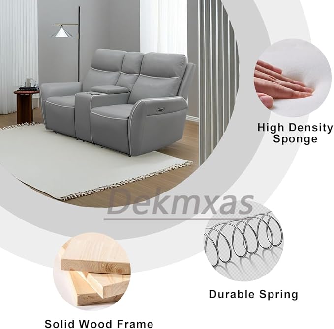 Power Sectional Recliner Loveseat, Breathing Leather Living Room Furniture Sets, Sliver Grey Reclining Loveseat with 2 Recliner Seats/Cup Holders/Storage Console for Apartment/Rv Car/Office