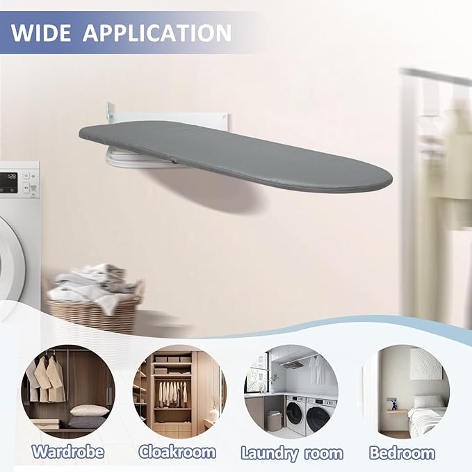 VerRich Foldable Wall Mounted Ironing Board 36” x 12”180°Rotatable Ironing Boardwith Heat Resistant Cover, Space-Saving for Home, Laundry Room,Apartment & Dorms, Gray