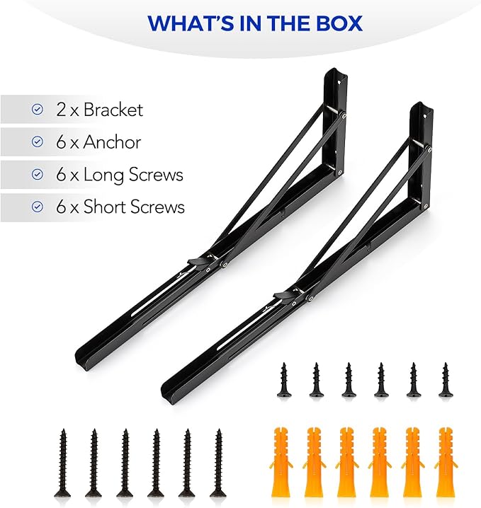 Ravinte 2 Pack 18 Inch Folding Shelf Brackets – Matte Black, Heavy Duty Collapsible Brackets for Tables and Benches – Space-Saving Design
