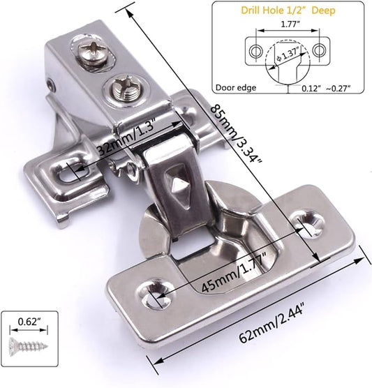 20 Pack Soft Close Cabinet Door Hinges for 1/2" Partial Overlay Cupboard, 100 Degree Opening Angel, Stainless Concealed Kitchen Cabinet Hinges with Mounting Screws and Manual