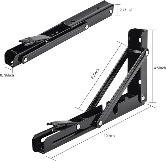YUMORE Folding Shelf Brackets, 10 Inch Heavy Duty Collapsible Shelf Bracket, Black DIY L Bracket for Workbench Folding Table Hinge, Max Load: 330lb, 2 Pack