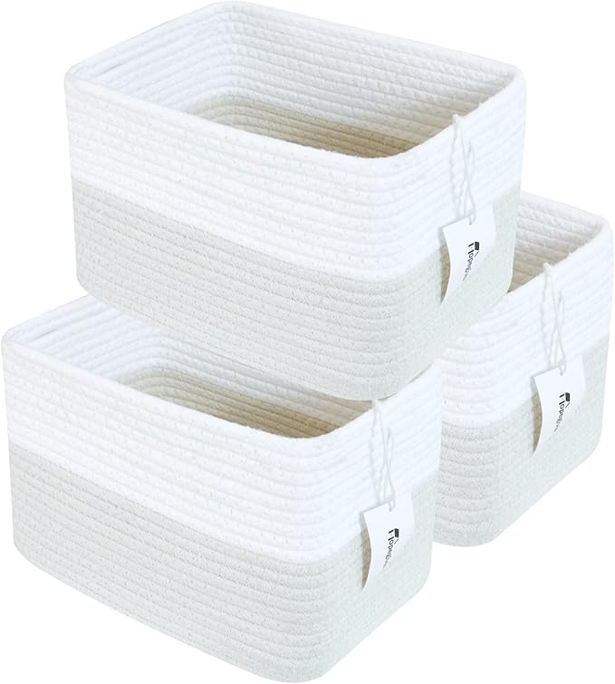 Hopegiver 3 Pack Woven Storage Baskets for Shelves, 11x8x7 Inch Cotton Rope Decorative Organizer Bins for Blanket Clothes Book Baby Pet, Gift Toy Basket for Office, Living Room, Bathroom & Nursery