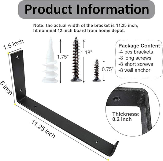 Shelf Brackets 12 Inch 4PCS Heavy Duty Frosted Black Wall Bracket with Lip for Floating Shelves Rustic Iron Metal Shelf Bracket for DIY Open Shelving Hardware Included