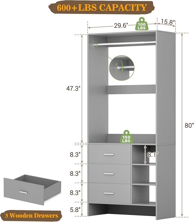 Aheaplus Closet System with 3 Drawers and Shelves, 29.6’’ Closet Organizer, 2.5FT Wood Closet Organizer System, Walk-in Closet or Small Closets Wardrobe, Clothes Rack with Hanging Rods,-E3, Grey