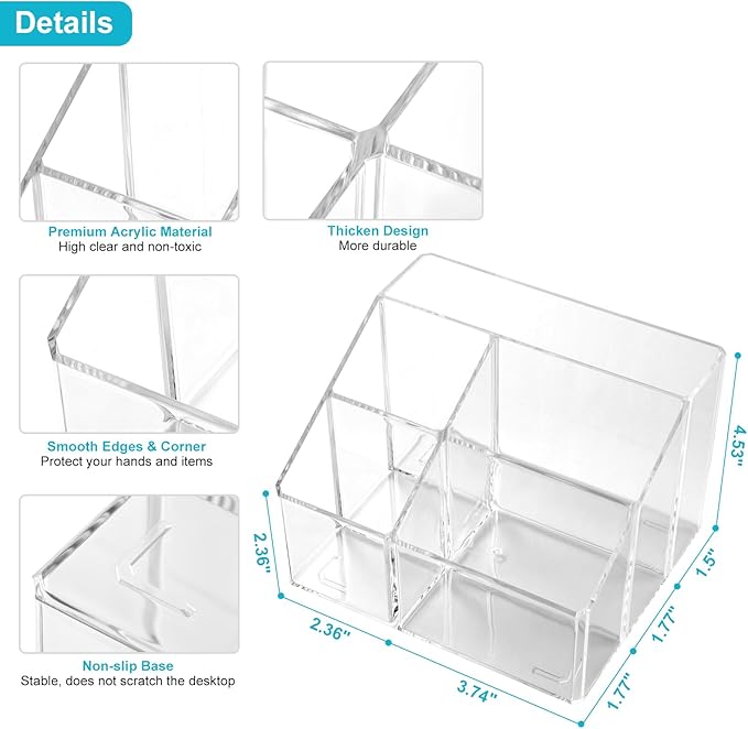 Acrylic Pencil Holder, 5-Slot Clear Pen Organizer for Desk, Cute Stationery Cup for Office, School, Home