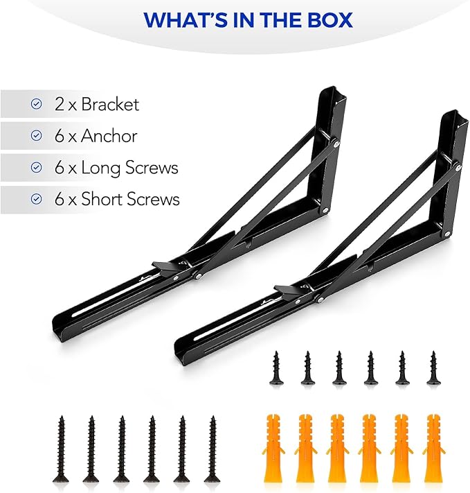 Ravinte 4 Pack 14 Inch Folding Shelf Brackets – Matte Black, Heavy Duty Collapsible Brackets for Tables and Benches – Space-Saving Design